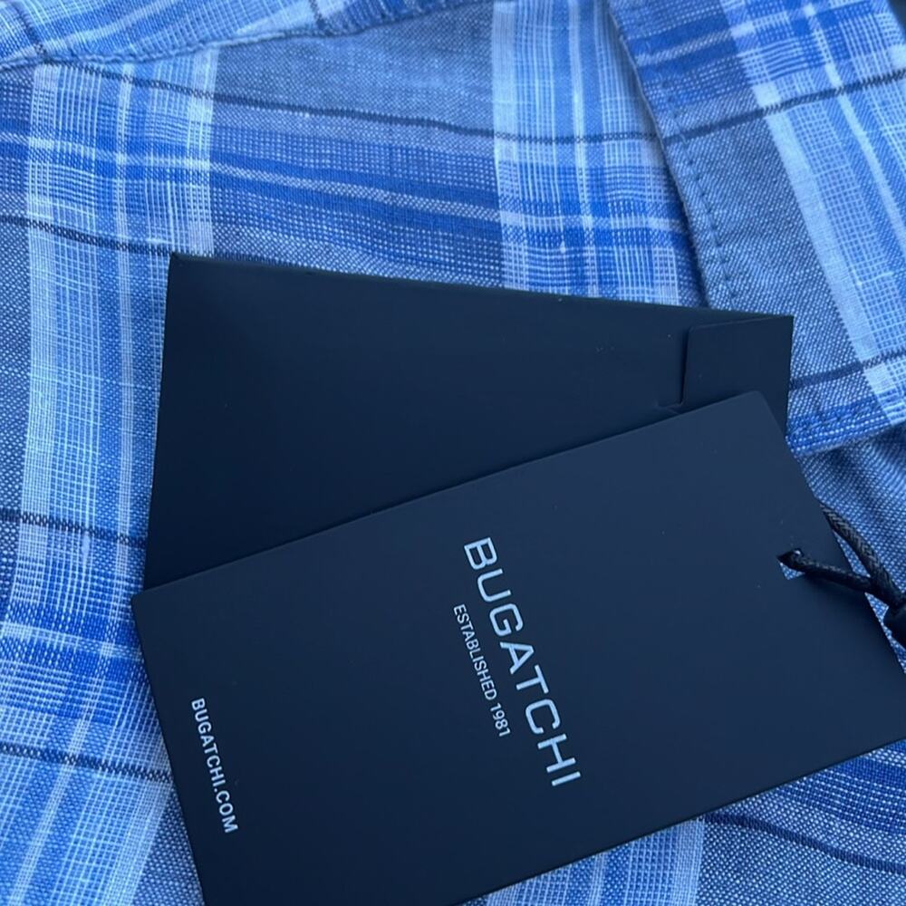 Bugatchi Julian Plaid Check Linen Shaped Fit Classic Blu Gray Shirt Size M - Picture 5 of 5